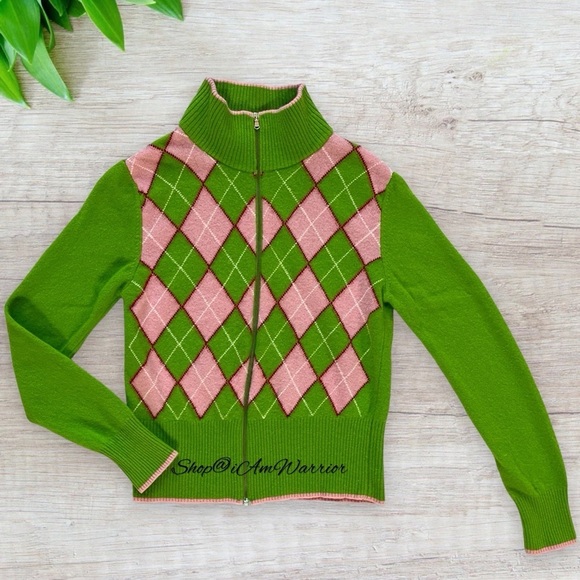 Vintage Benetton Pink & Green Argyle Full Zip Mock Neck Cardigan *iamwarrior - Picture 4 of 8